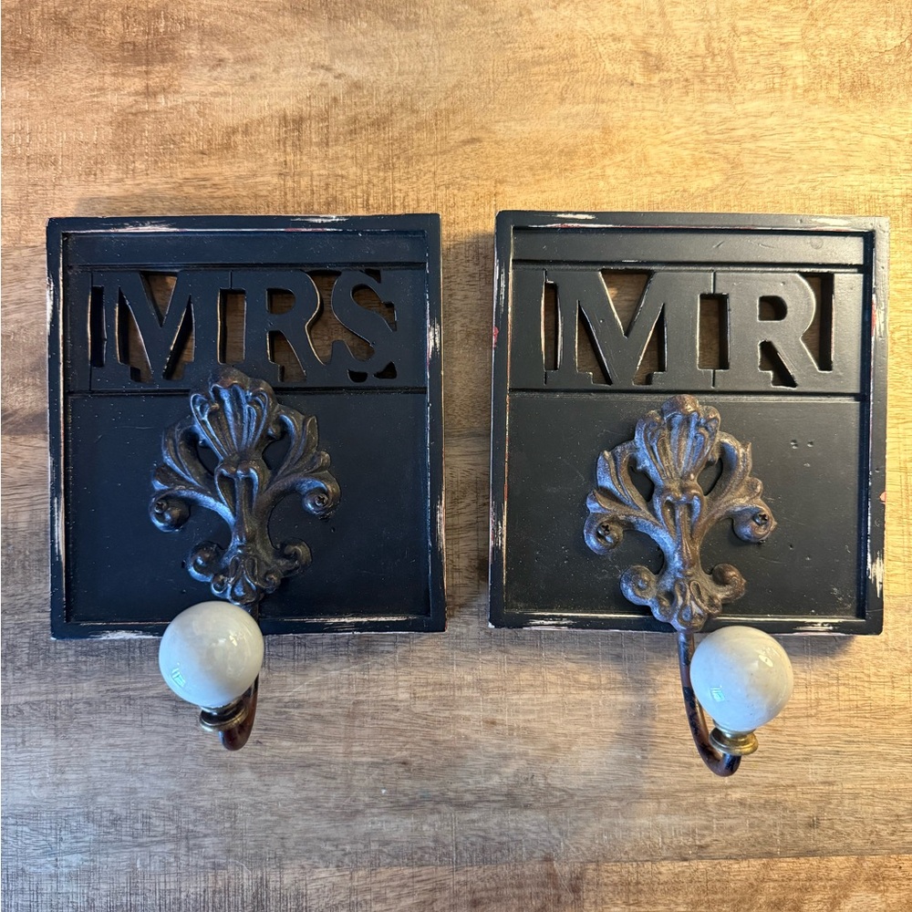 Vintage Mrs. & Mr. Black Wall Hooks